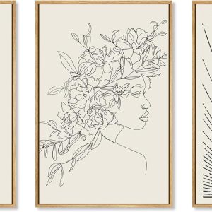 Zzuyi 3Pcs Minimalist Boho Framed Canvas Prints Wall Art.Black Beige Women Line Sunrise Wall Art.Modern Geometric Line Canvas Print Artwork for Livingroom.Bedroom.Office-12''x16''x3Pcs Natural Framed: Posters & Prints